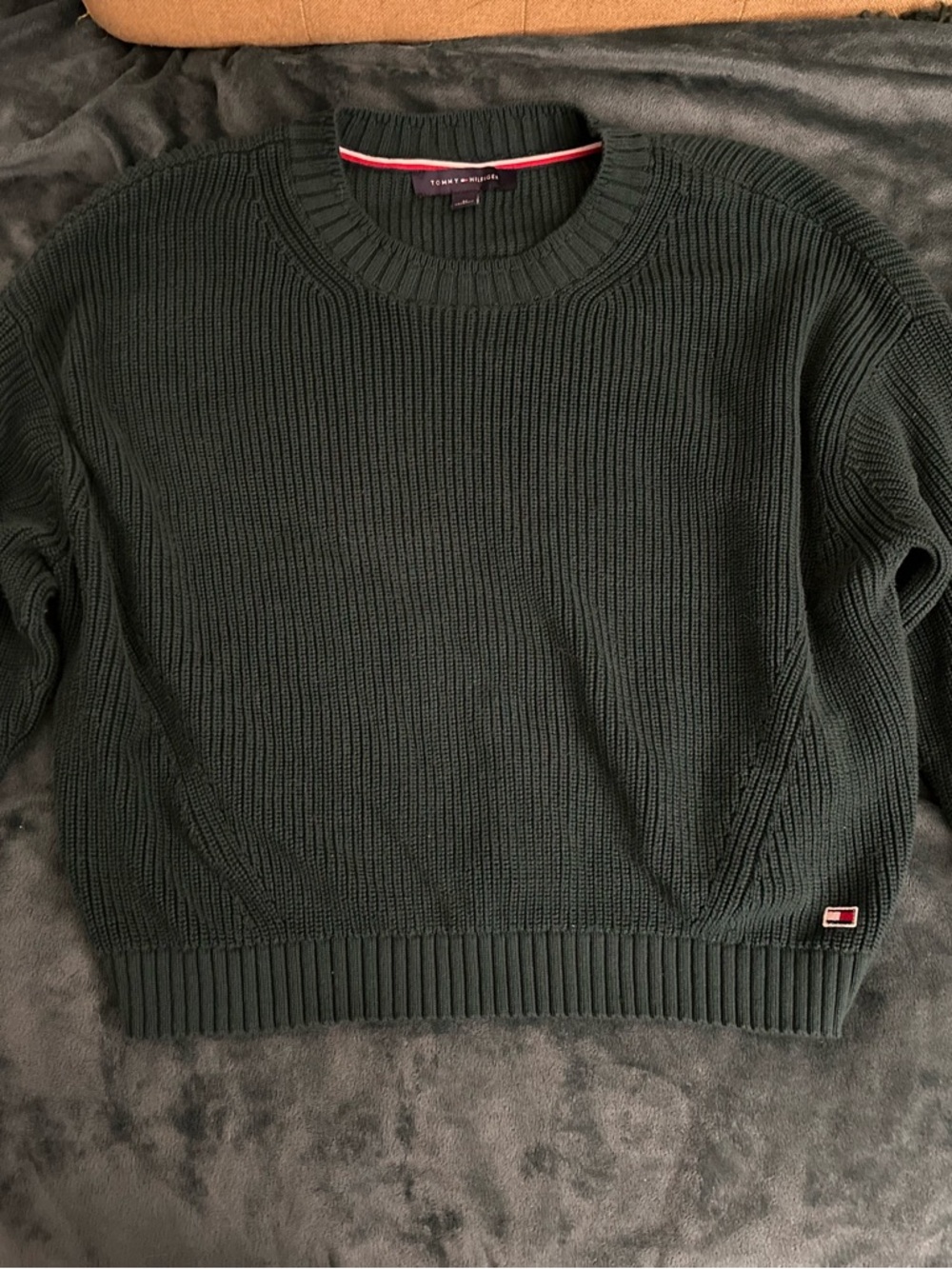 Tommy Hilfiger Dark Olive Ribbed Crewneck Sweater with Signature Trim